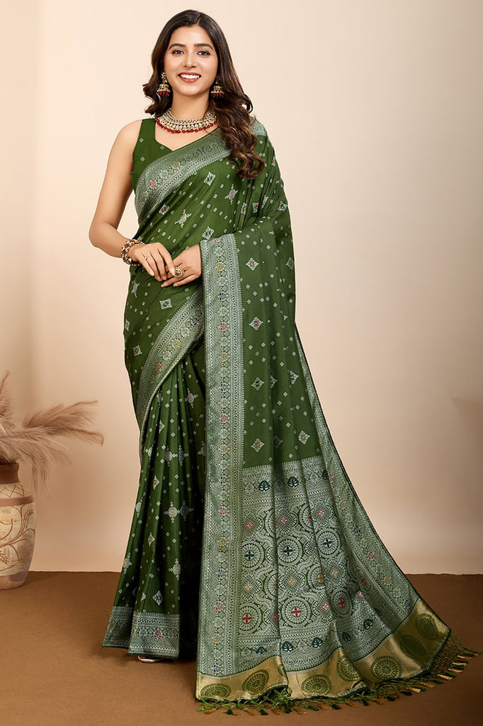 Magnetic Olive Green Zari Weaving Silk Mehendi Wear Saree