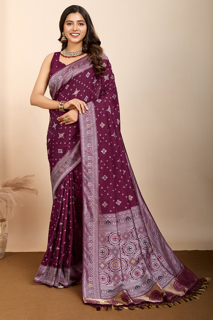 Tantalizing Wine Zari Weaving Silk Festival Wear Saree With Blouse