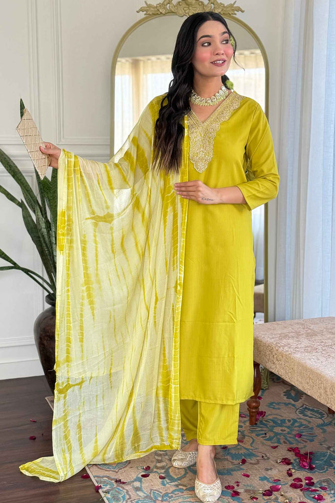 Fascinating Yellow Embroidered Viscose Haldi Wear Pant Suit