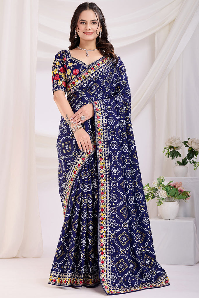 Fabulous Blue Bandhani Printed Silk Wedding Wear Saree With Blouse