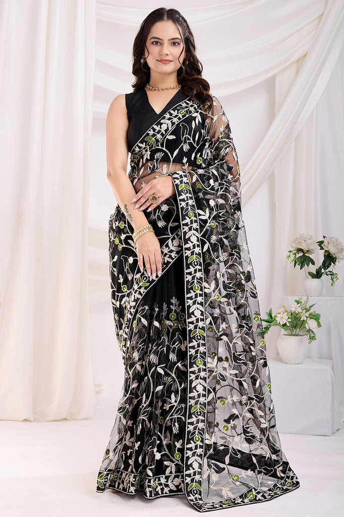 Glamorous Black Thread Embroidered Net Party Wear Saree With Blouse