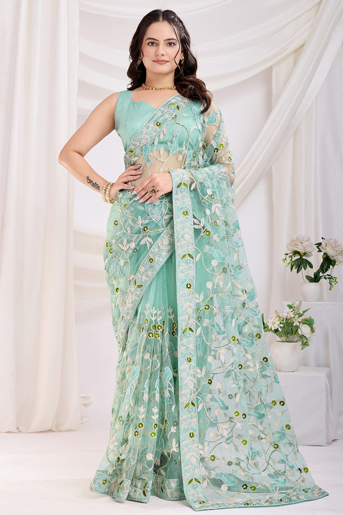 Alluring Sea Green Thread Embroidered Net Saree With Blouse