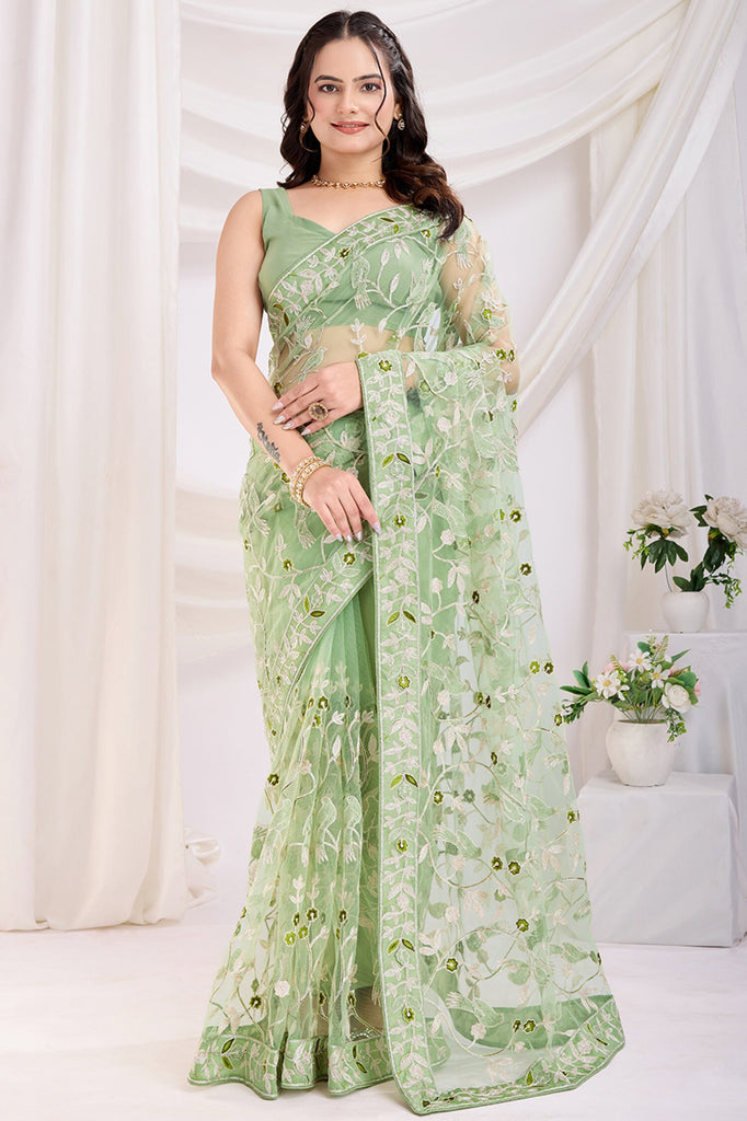 Adorable Pista Green Thread Embroidered Net Event Wear Saree