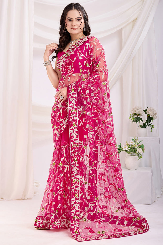 Ravishing Rani Pink Thread Embroidered Net Saree With Blouse