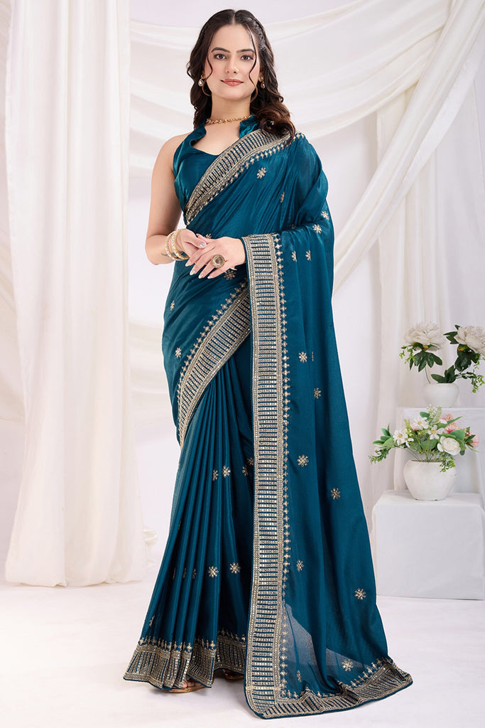 Alluring Teal Blue Embroidered Chinon Festival Wear Saree