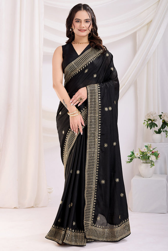 Fascinating Black Heavy Border Work Chinon Reception Wear Saree