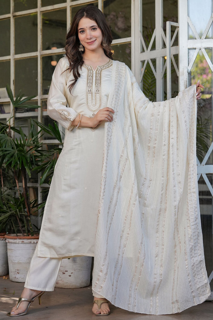 Amazing Off-White Embroidered Viscose Traditional Pant Suit