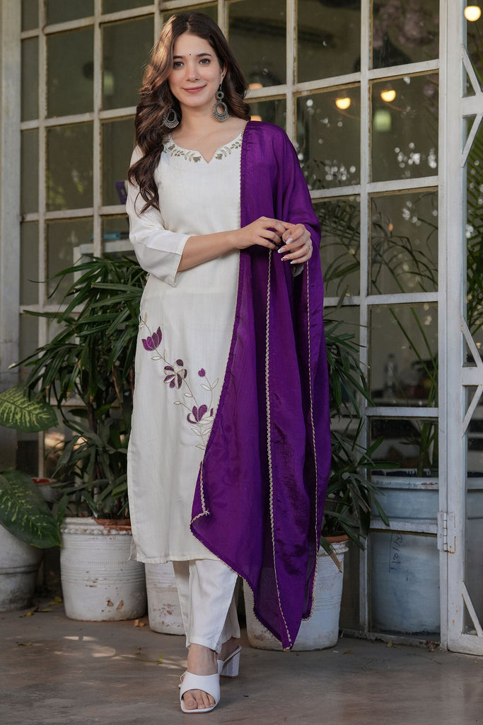 Alluring Off-White Embroidered Viscose Casual Wear Pant Suit