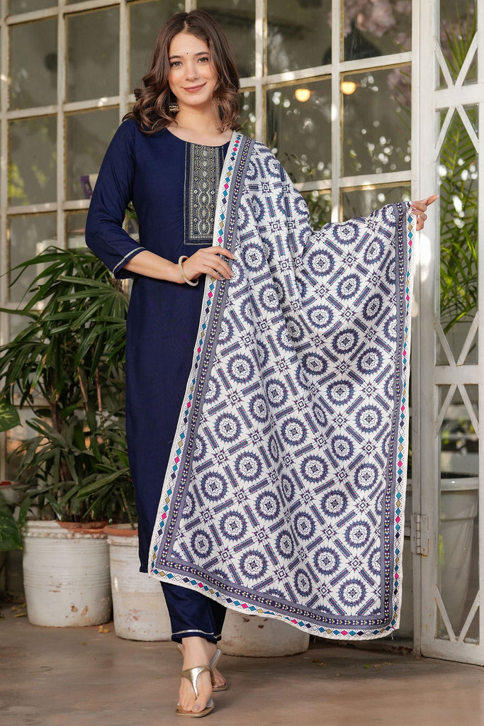 Spectacular Navy Blue Sequins Rayon Event Wear Pant Suit With Dupatta