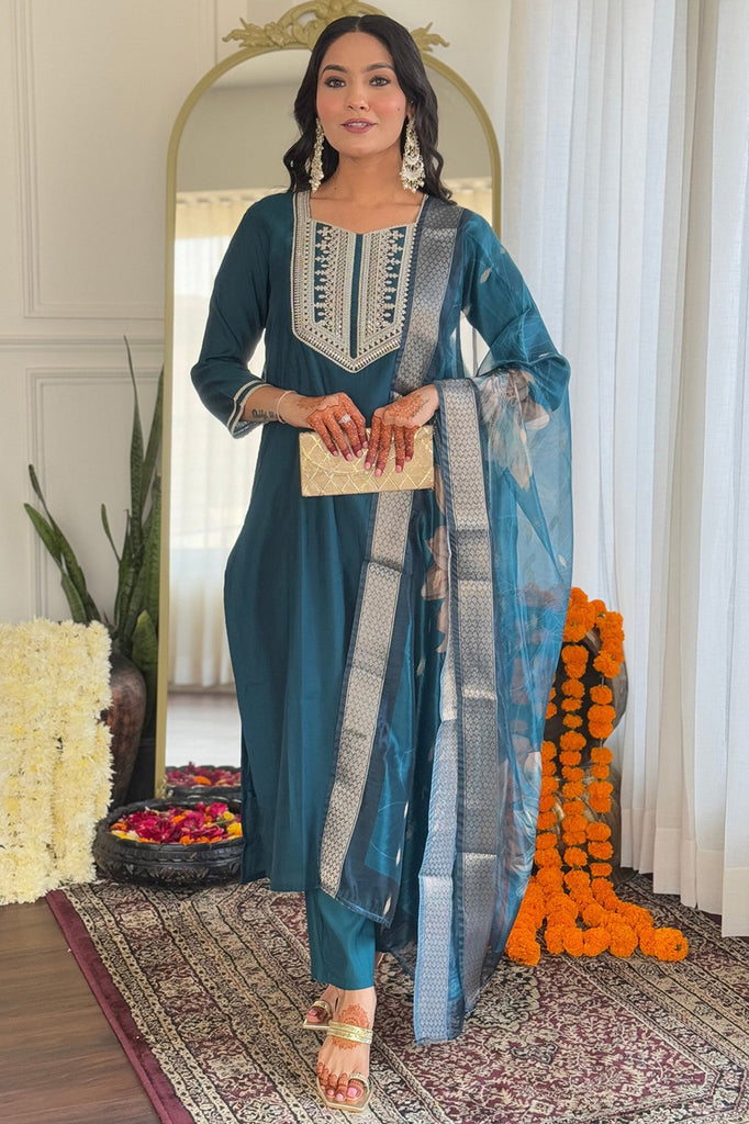 Dazzling Teal Blue Sequins Viscose Pant Suit With Dupatta