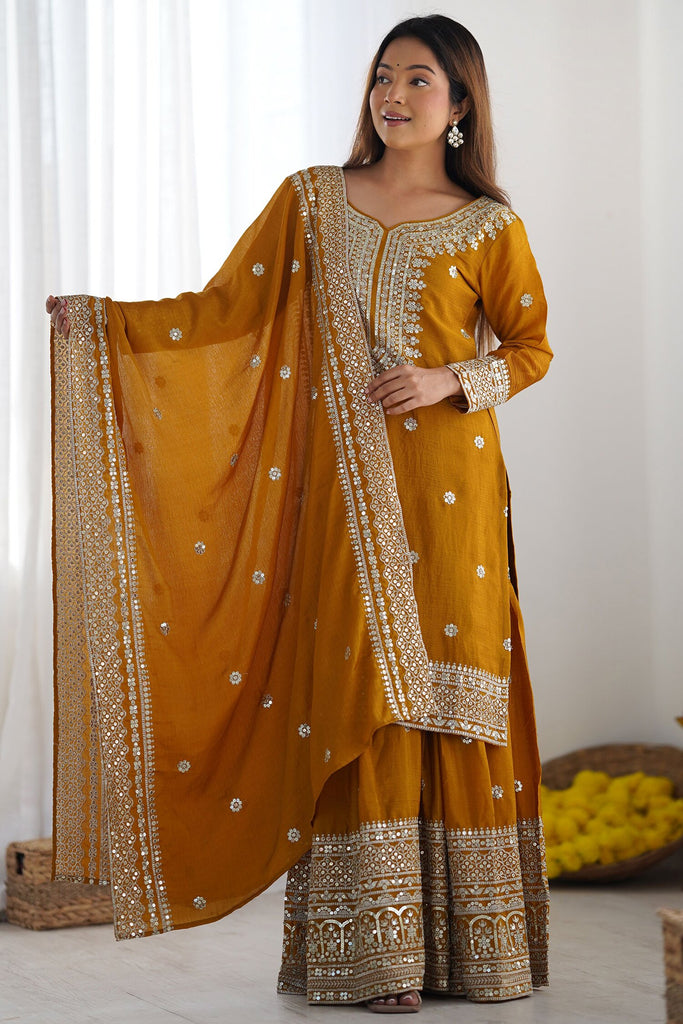 Beautiful Mustard Yellow Embroidered Chinon Designer Sharara Suit