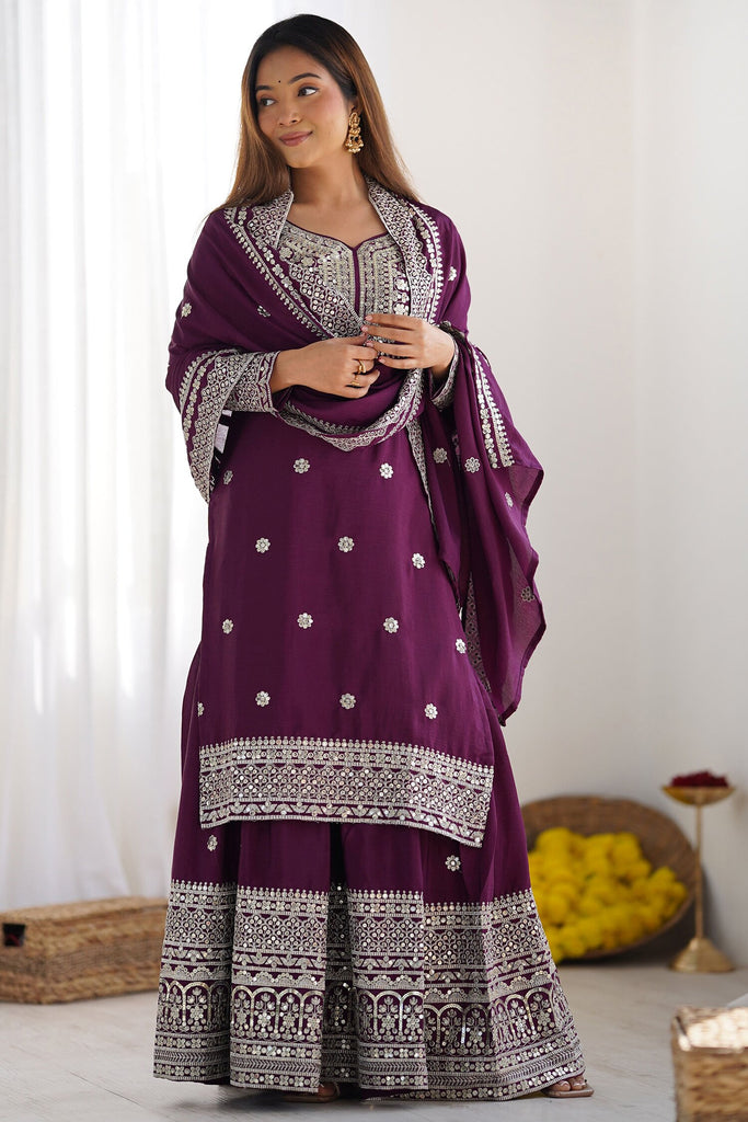 Dazzling Purple Thread Work Chinon Wedding Wear Sharara Suit