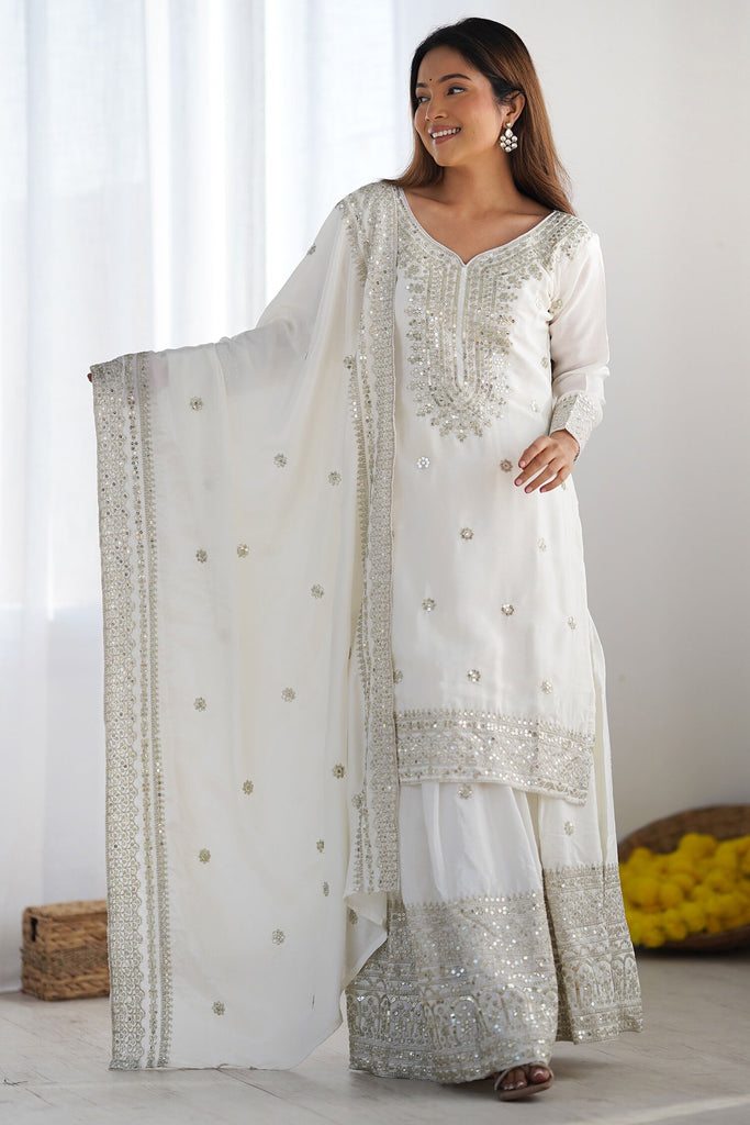 Astonishing White Sequins Chinon Eid Special Sharara Suit With Dupatta