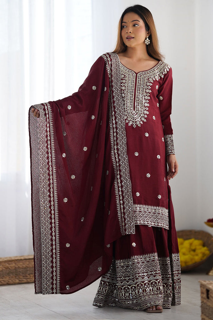 Flashy Maroon Sequins Chinon Festival Wear Sharara Suit With Dupatta