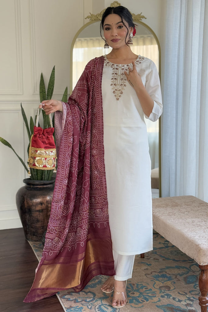 Pretty Off-White Silk Traditional Pant Suit With Printed Dupatta