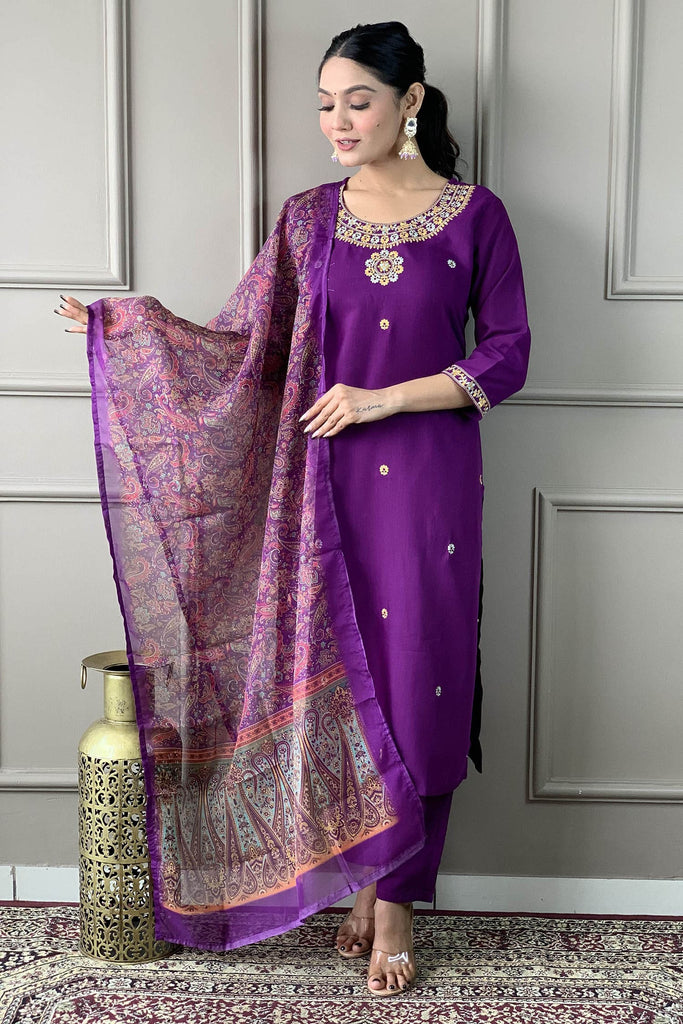 Amazing Wine Embroidered Rayon Festival Wear Pant Suit With Dupatta