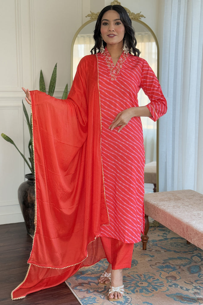 Wonderful Red Printed Muslin Silk Event Wear Pant Suit With Dupatta