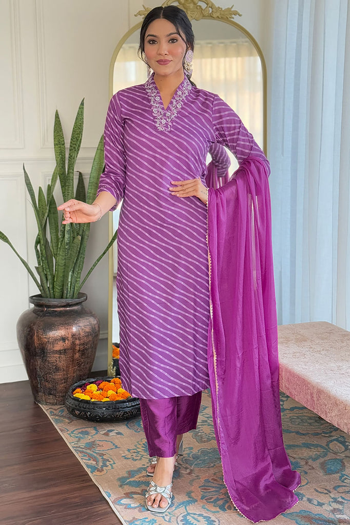 Dazzling Purple Printed Traditional Pant Suit With Chinon Dupatta