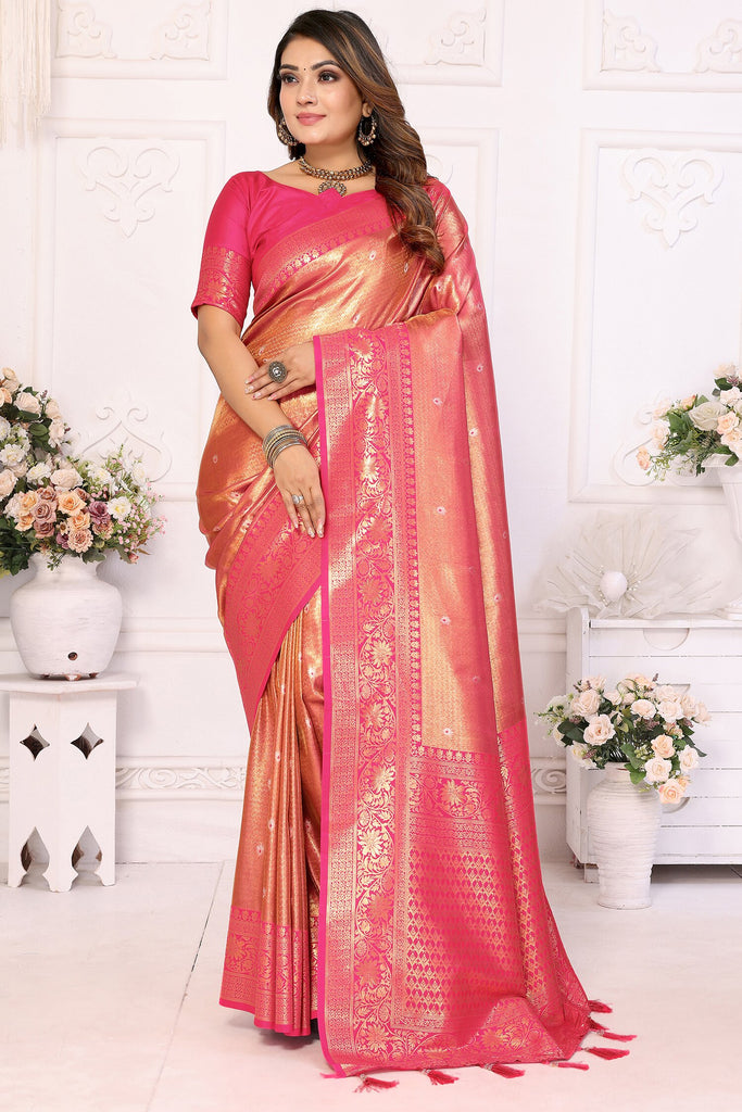 Alluring Pink Zari Weaving Banarasi Silk Saree With Blouse