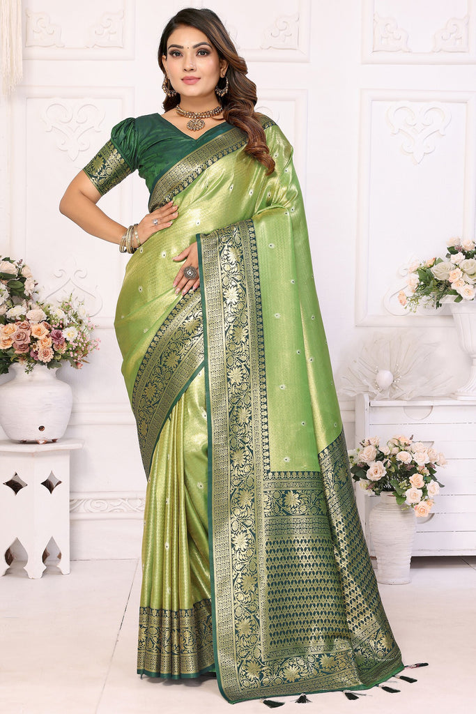 Lovely Green Zari Weaving Banarasi Silk Traditional Saree With Blouse