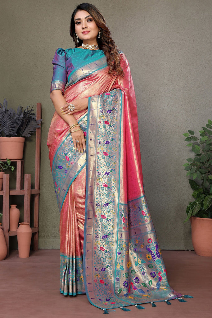 Ravishing Coral Red Zari Weaving Banarasi Silk Paithani Saree