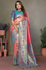 Ravishing Coral Red Zari Weaving Banarasi Silk Paithani Saree