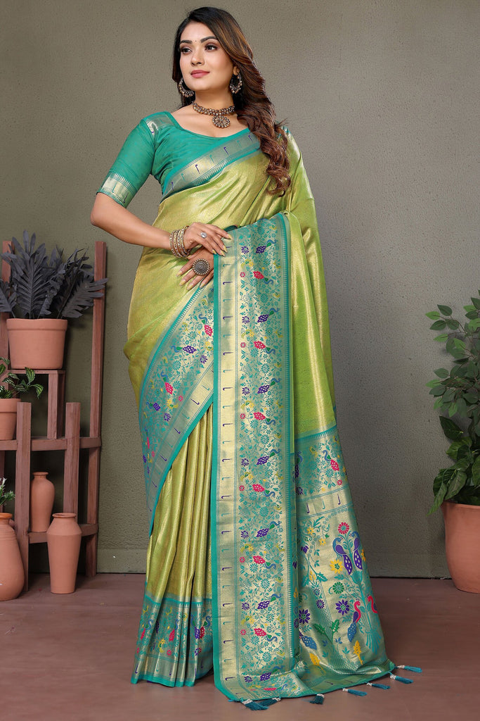 Wonderful Olive Green Zari Weaving Banarasi Silk Paithani Saree