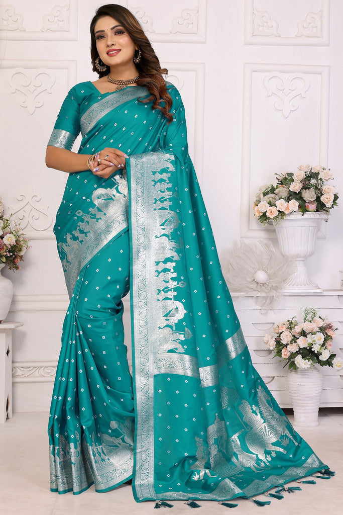 Shocking Teal Green Zari Weaving Kochi Silk Festival Wear Saree