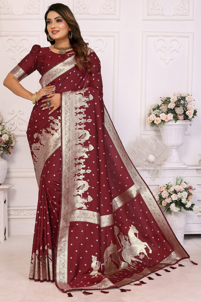 Beautiful Maroon Zari Weaving Silk Wedding Saree With Blouse