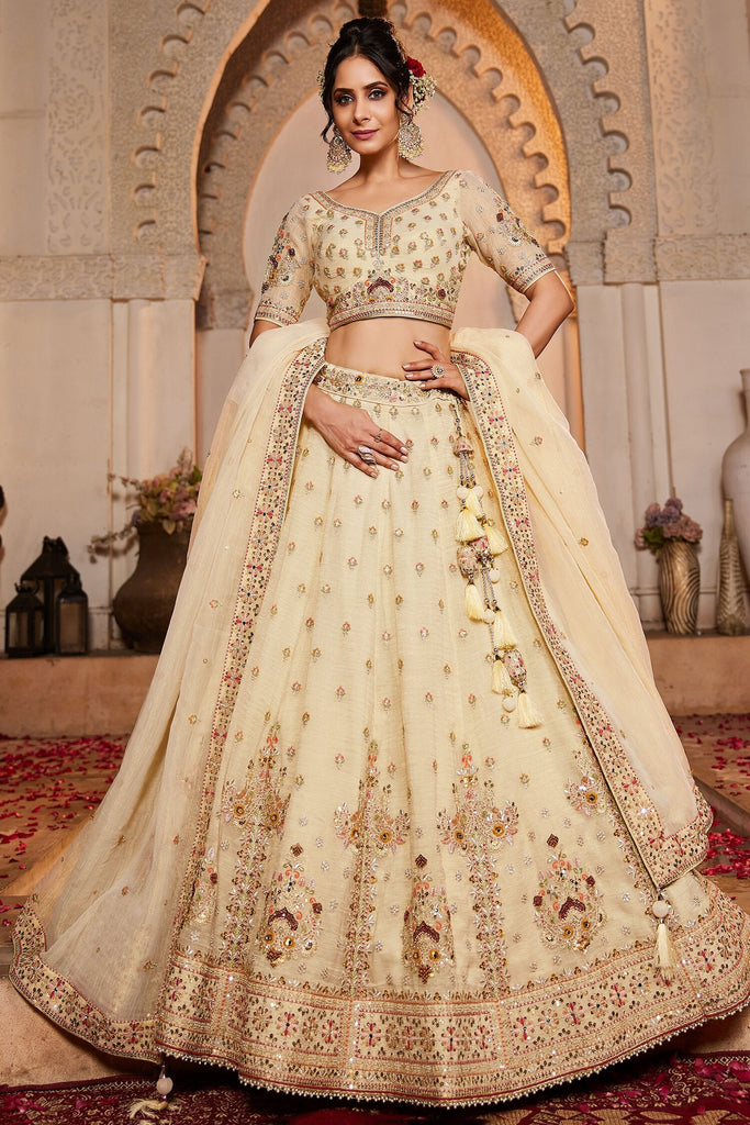 Surprising Cream Thread Embroidered Tissue Silk Wedding Lehenga Choli
