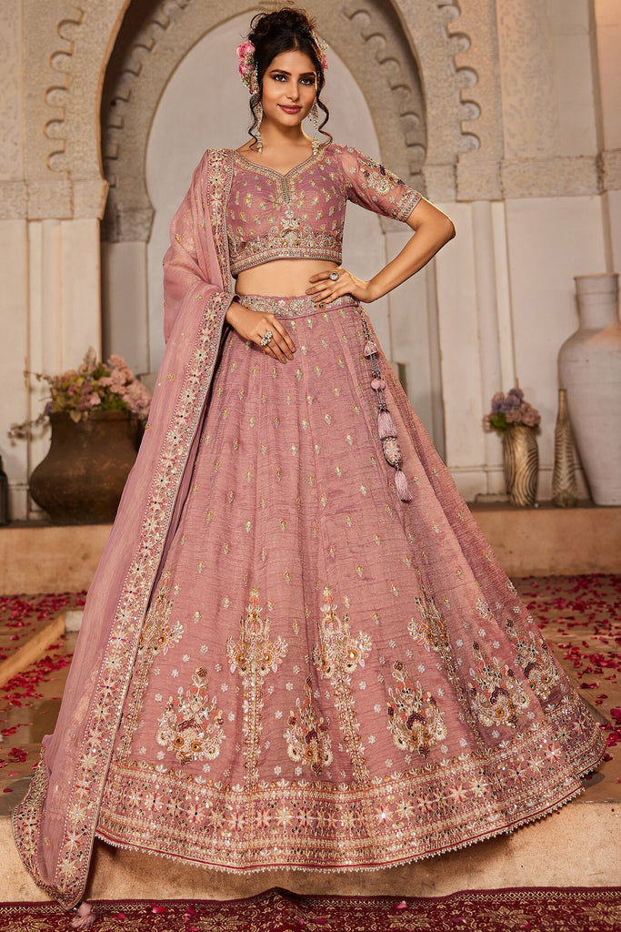 Shocking Pink Embroidered Tissue Silk Pastel Lehenga Choli With Dupatta