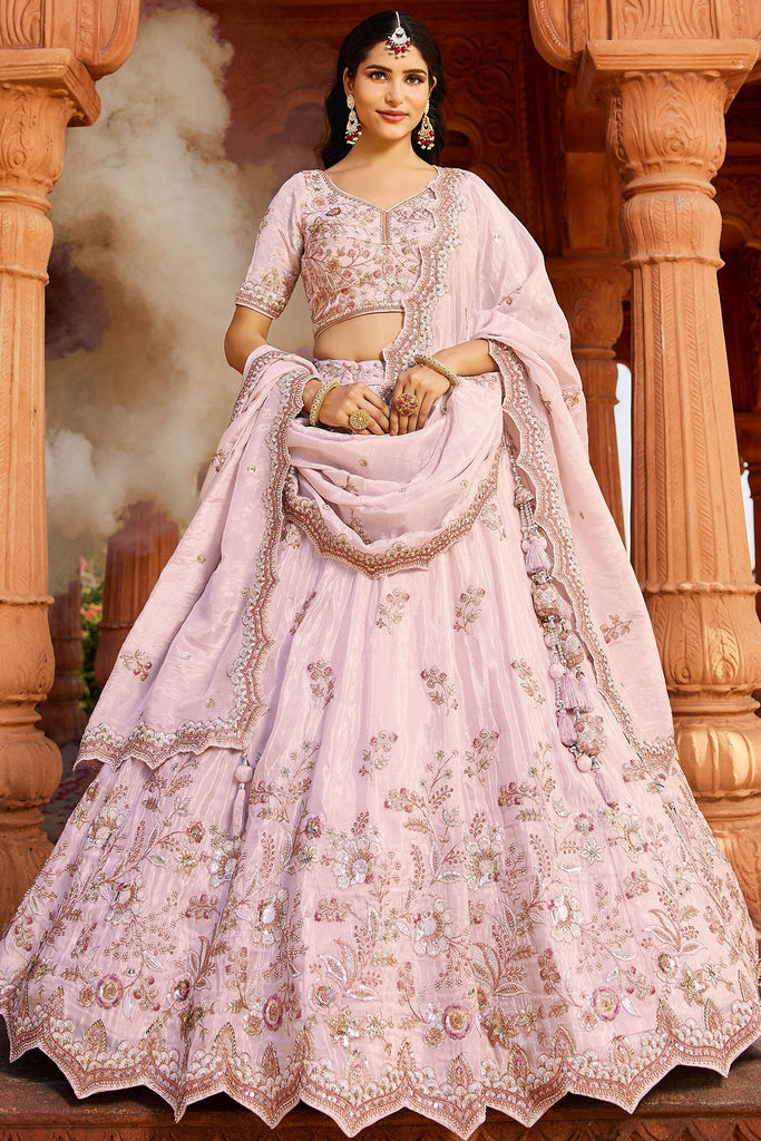 Fantastic Coral Pink Tissue Silk Bridesmaid Pastel Lehenga Choli