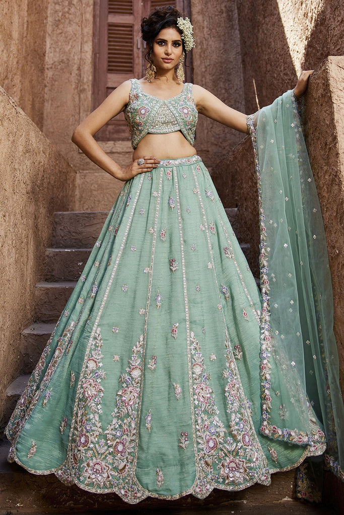 Ravishing Sea Green Sequins Silk Pastel Lehenga Choli With Dupatta
