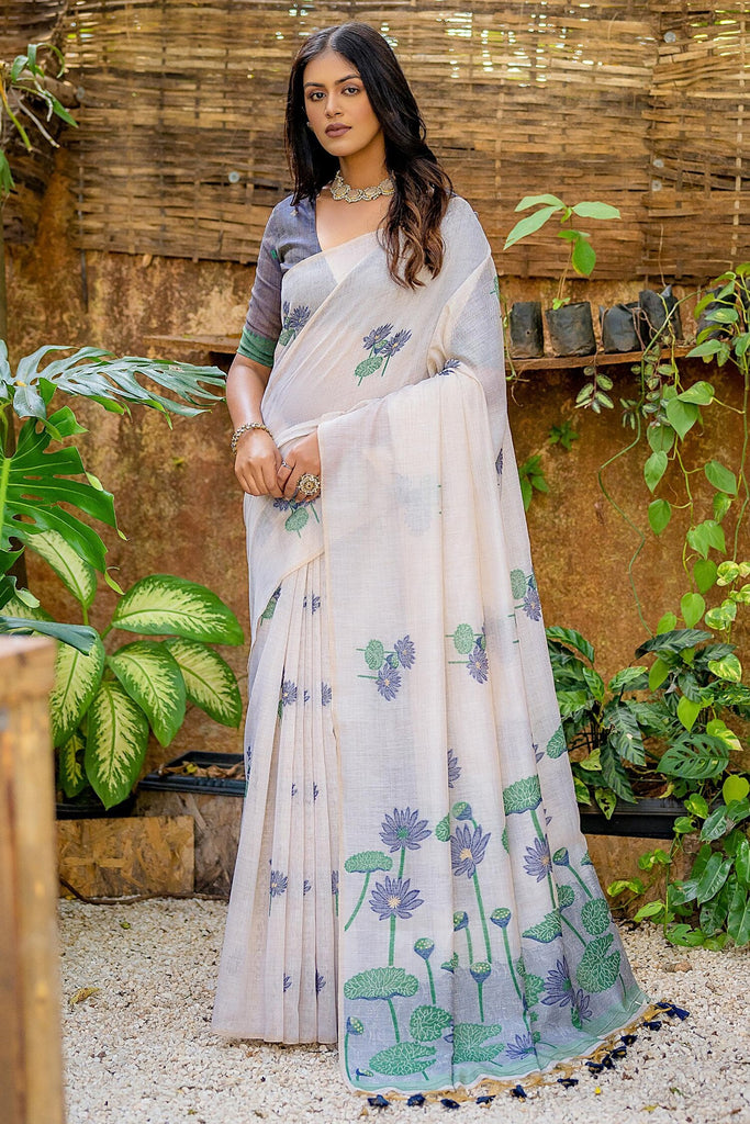 Pretty Off-White Floral Weaving Cotton Saree With Grey Blouse