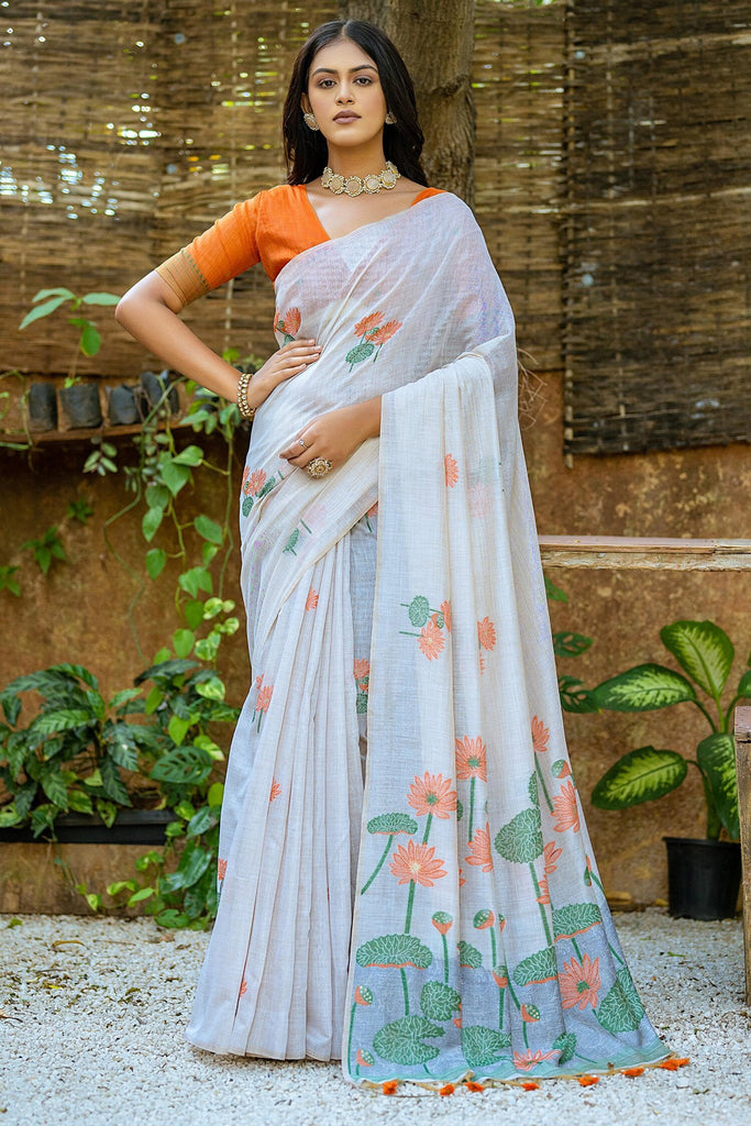 Stunning Off-White Floral Weaving Cotton Traditional Saree With Blouse