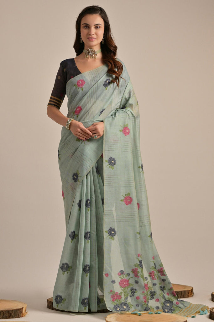 Enchanting Grey Floral Weaving Cotton Traditional Saree With Blouse