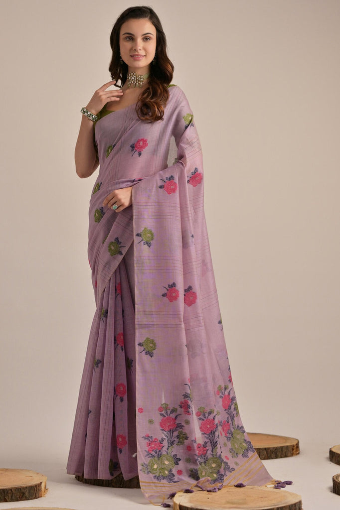 Precious Purple Floral Weaving Cotton Festival Wear Saree With Blouse