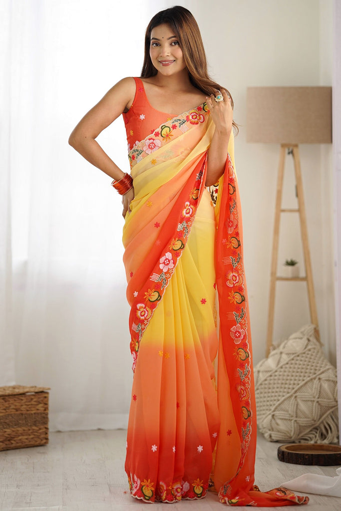 Surprising Yellow Floral Embroidery Georgette Haldi Wear Saree