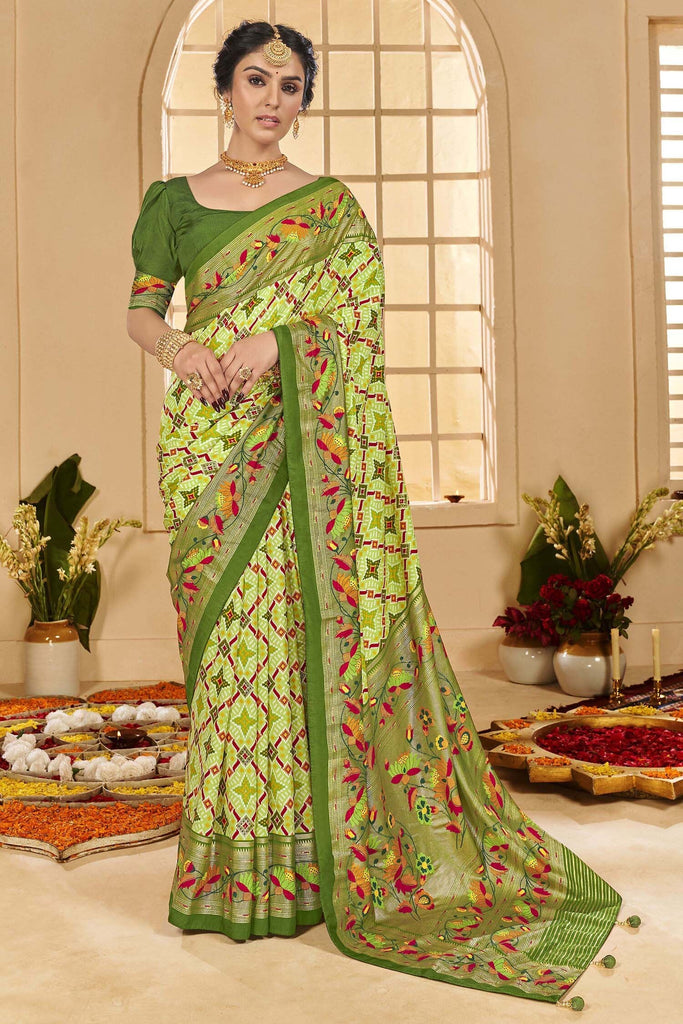 Alluring Light Green Ikkat Printed Cotton Silk Festival Wear Saree