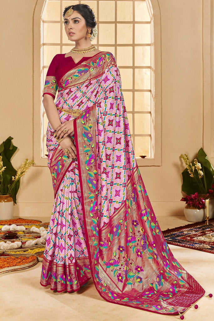 Tantalizing Baby Pink Ikkat Printed Cotton Silk Casual Wear Saree