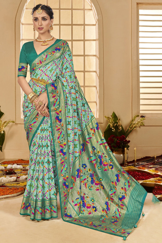 Magnetic Sea-Green Ikkat Printed Silk Traditional Saree With Blouse