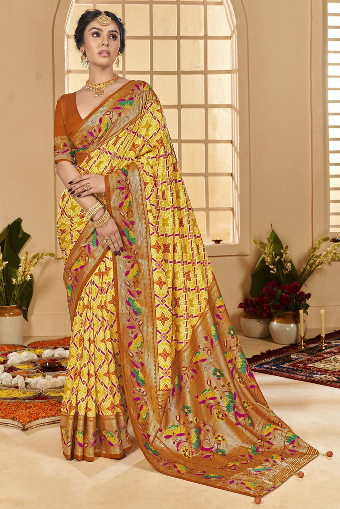 Wonderful Yellow Ikkat Printed Silk Haldi Wear Saree With Blouse