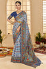Stunning Sky-Blue Ikkat Printed Silk Festival Wear Saree With Blouse