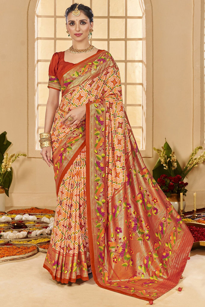Fabulous Orange Color Ikkat Printed Silk Traditional Saree With Blouse