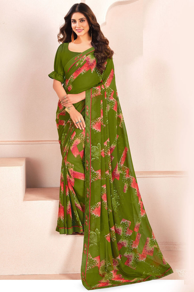 Amazing Green Digital Printed Georgette Traditional Saree With Blouse