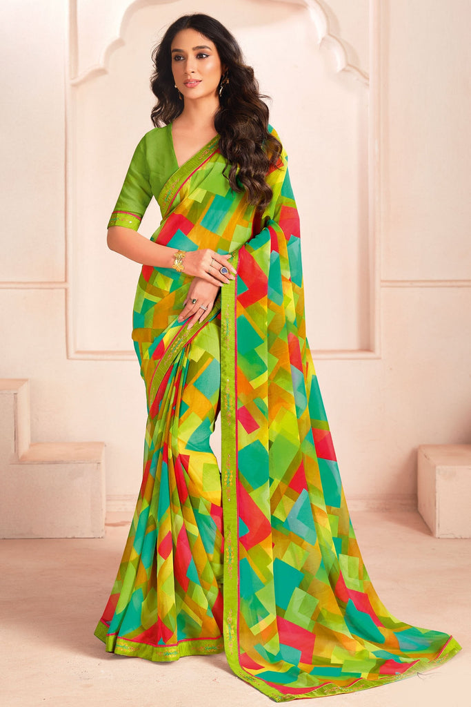 Outstanding Light Green Digital Printed Georgette Event Wear Saree