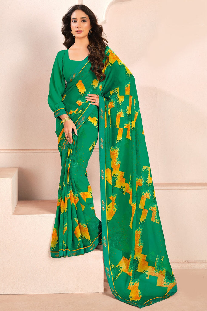 Stunning Green-Color Digital Printed Georgette Festival Wear Saree