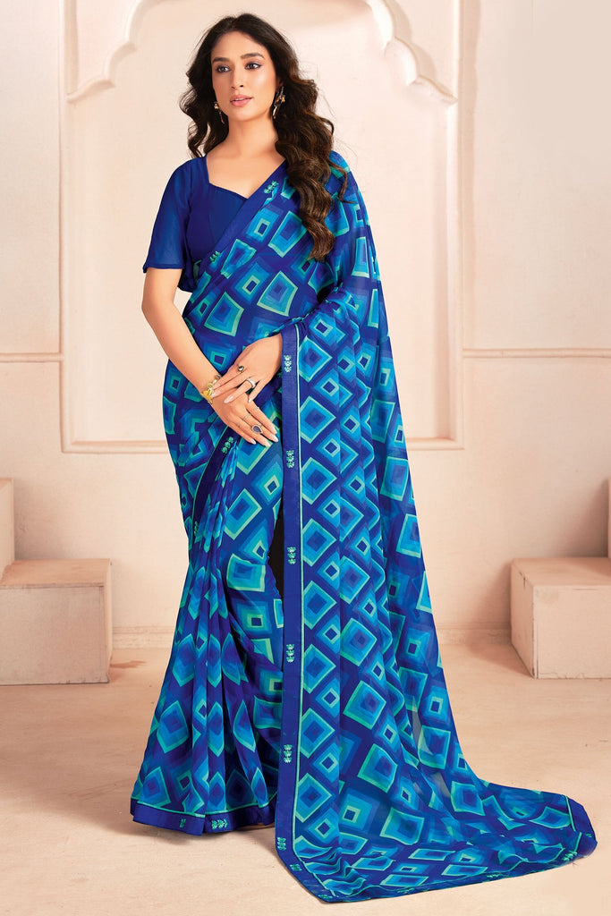 Ravishing Blue Color Digital Printed Georgette Office Wear Saree