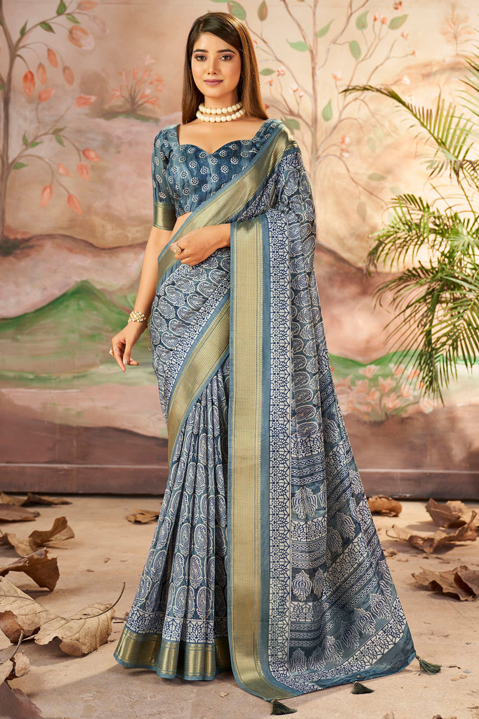 Marvelous Slate Grey Printed Dola Silk Office Wear Saree With Blouse