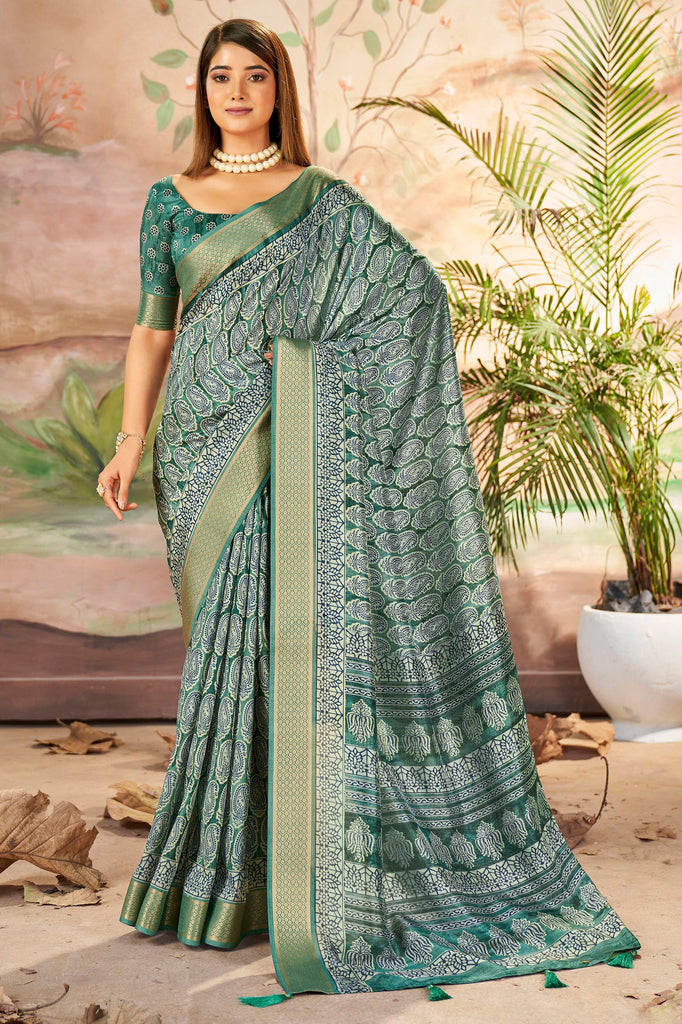 Surprising Green Printed Dola Silk Festival Wear Saree With Blouse